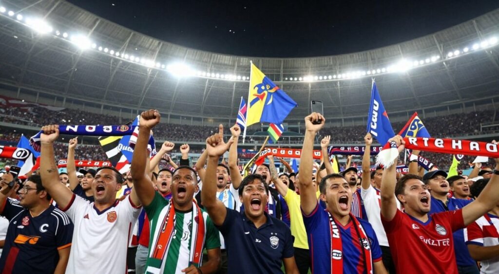 A vibrant scene depicting an enthusiastic soccer crowd celebrating a recent victory. In the foreground, a diverse group of fans wearing the team's jerseys and holding scarves, joyfully expressing their excitement with cheers and raised hands. In the middle ground, banners and flags waving, showcasing the team's colors and logos, while some onlookers hold smartphones capturing the moment. The background features a stadium filled with thousands of fans, with bright stadium lights illuminating the atmosphere. The mood is electric, filled with joy and celebration, as confetti falls from the sky. The perspective is slightly elevated to capture the full scale of the crowd, with a focus on the expressions of exuberance and community among the supporters.