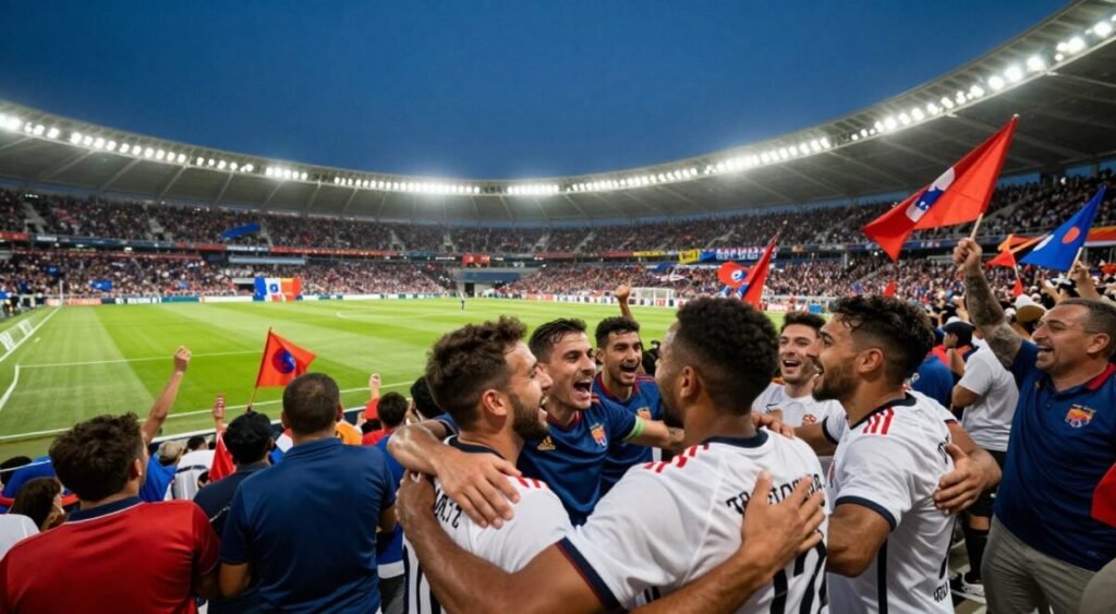 A vibrant soccer stadium filled with enthusiastic fans celebrating a monumental victory. In the foreground, a diverse group of players in professional uniforms joyfully embraces each other, showcasing expressions of triumph and determination. In the middle ground, supporters wave flags and hold banners, their faces radiating excitement and pride, creating a palpable energy. The background features a brightly lit soccer field under a clear night sky, with stadium lights casting a warm glow, enhancing the festive atmosphere. The scene captures the essence of victory and the aspiration towards championship glory, reflected in the players’ expressions and the fans’ enthusiasm. The angle is slightly elevated to capture the crowd's overwhelming emotion and the players' passionate celebration.