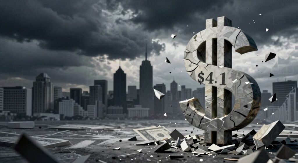 A visually striking representation of a vast financial deficit of over R$ 41 billion. In the foreground, an abstract representation of a shattered dollar sign, symbolizing the financial turmoil, with shards forming a chaotic yet compelling pattern. The middle ground showcases the silhouette of a city skyline, hinting at economic activity, but overshadowed by dark, ominous clouds, creating a sense of impending crisis. In the background, subtle outlines of traditional financial institutions and graphs in disarray, emphasizing the scale of the losses. The lighting is dramatic, with sharp contrasts highlighting the shattered dollar sign and casting shadows that create a mood of tension and uncertainty. Shot from a slightly elevated angle to capture the full scope of the financial chaos. No text or overlays.