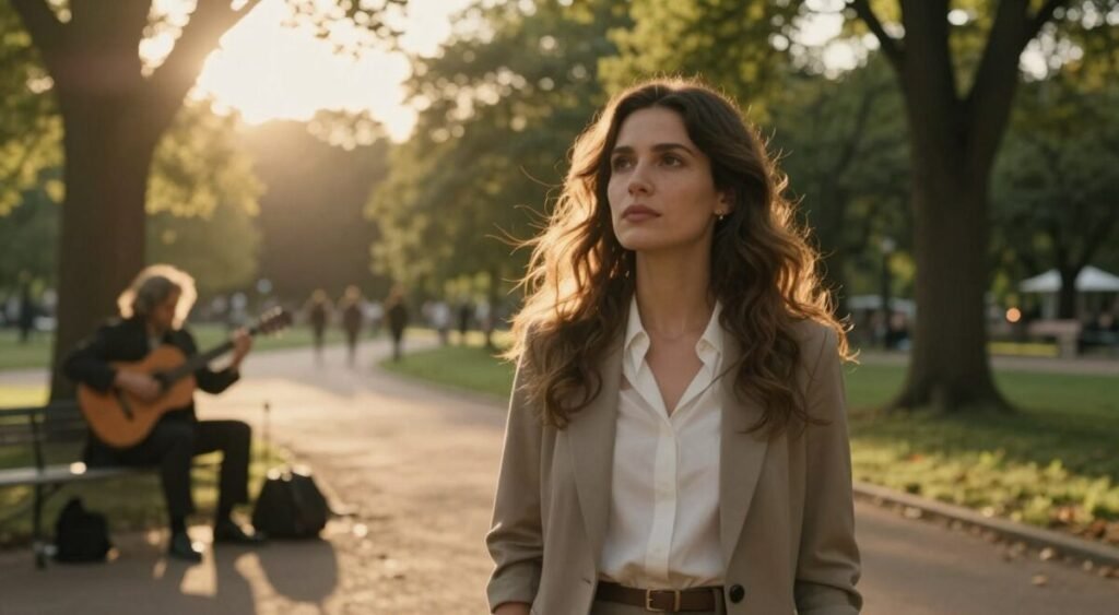 A woman in her early thirties, dressed in a modest, professional outfit, stands in a sunlit park, looking contemplatively towards the horizon. The foreground captures her expression, a mix of hope and determination, while her long, wavy hair gently sways in the breeze. In the middle ground, a pathway leads to a distant figure resembling Leonardo, depicted as a talented musician, strumming his guitar against a tree. Soft golden hour lighting casts warm tones across the scene, with dappled sunlight filtering through the leaves. The background features blurred silhouettes of trees and people, creating an atmosphere of nostalgia and longing. The overall mood is reflective and poignant, evoking a sense of searching for connection and identity. A woman in her early thirties, dressed in a modest, professional outfit, stands in a sunlit park, looking contemplatively towards the horizon. The foreground captures her expression, a mix of hope and determination, while her long, wavy hair gently sways in the breeze. In the middle ground, a pathway leads to a distant figure resembling Leonardo, depicted as a talented musician, strumming his guitar against a tree. Soft golden hour lighting casts warm tones across the scene, with dappled sunlight filtering through the leaves. The background features blurred silhouettes of trees and people, creating an atmosphere of nostalgia and longing. The overall mood is reflective and poignant, evoking a sense of searching for connection and identity.