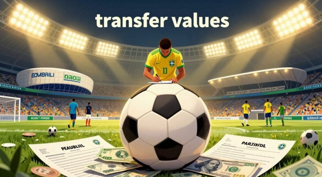An illustration depicting the concept of "transfer values" in Brazilian football. In the foreground, a close-up of a detailed, artistic representation of a football with currency symbols and contracts surrounding it, indicating significant monetary transactions. The middle ground features a collage of iconic Brazilian football stadiums, like Maracanã and Allianz Parque, with silhouettes of players signing contracts in professional uniforms. The background consists of vibrant stadium lights illuminating the scene, creating a dynamic atmosphere of excitement and anticipation. The lighting is warm with a slight glow, capturing the essence of high-stakes football dealings, shot from a low angle to emphasize the grandeur of the moment. The overall mood conveys the thrill and seriousness of football transfers without any text or distractions.