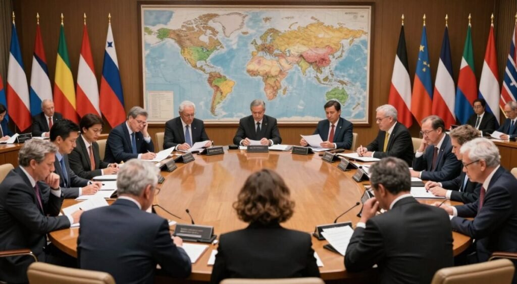 An international political scene depicting a large conference room with representatives from various countries engaged in serious discussions. In the foreground, a diverse group of diplomats, dressed in professional business attire, are seated around a large oval table. They are intently looking at documents and interacting with one another, showcasing a range of emotions from concern to determination. In the middle ground, a world map is prominently displayed on the wall, symbolizing global connections. The background features flags from different nations, subtly indicating a collaborative yet tense environment. Soft lighting casts a warm glow over the scene, enhancing the atmosphere of diplomatic urgency and the complexity of international relations. The perspective is from a slightly elevated angle, providing a clear view of the interactions taking place.