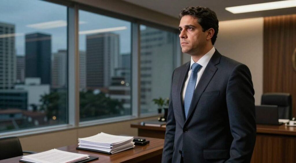 Nikolas Ferreira stands in a formal office setting, dressed in a tailored suit, showing a serious expression as he reacts to the recent news of Filipe Martins' arrest ordered by Alexandre de Moraes. In the foreground, Ferreira's focused gaze is directed toward a large window, reflecting the city skyline. The middle ground shows an elegant desk with a stack of documents and a laptop, suggesting the gravity of the situation. In the background, soft, ambient lighting creates a contemplative atmosphere, with shadows adding depth. The overall mood captures tension and seriousness, suggesting a pivotal moment in political discourse. The angle is slightly low, enhancing the sense of importance and urgency in Ferreira's reaction.