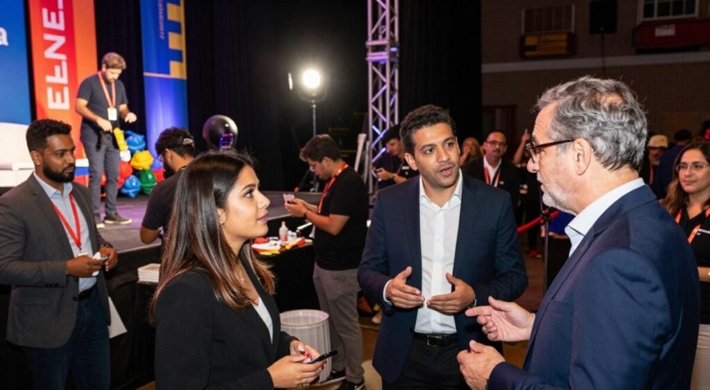 A bustling backstage scene at a political event, showcasing Janja engaging with a diverse group of professionals. In the foreground, Janja, dressed in smart business attire, is animatedly discussing plans with a younger woman and an older man, both in professional clothing. The middle layer captures a mix of event staff setting up decorations and organizing materials, with a spotlight illuminating their focused expressions. The background features a stage partially set for the event, brightly colored banners, and dimly lit shadows, creating an atmosphere of urgency and collaboration. The lighting is warm yet purposeful, emphasizing the determination and focus of the team. Capture the camaraderie and strategic discussions that highlight Janja’s role in garnering support and coordinating efforts behind the scenes.