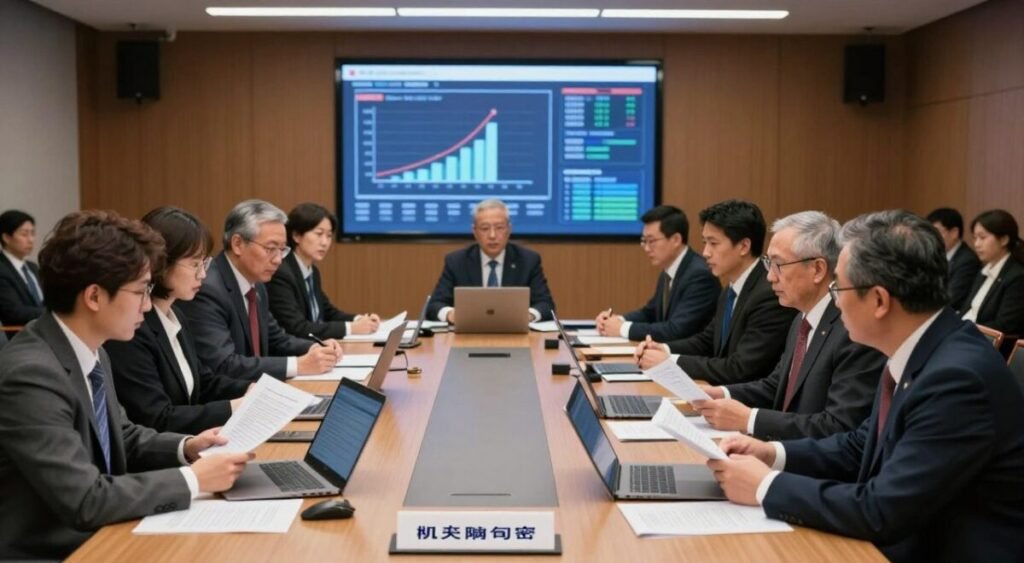A detailed illustration of a parliamentary committee meeting in a modern, well-lit conference room. In the foreground, a diverse group of professional individuals, dressed in business attire, engages in intense discussion, looking at documents and laptops. The middle ground features a large table with legal papers and files related to financial investigations, symbolizing the theme of breaking confidentiality. In the background, a large screen displays blurred graphs and data visualizations linked to money laundering. The lighting is bright and focused, creating a serious and somber atmosphere that reflects the gravity of the situation. The overall mood is tense yet professional, capturing the essence of a crucial moment in a legal inquiry.