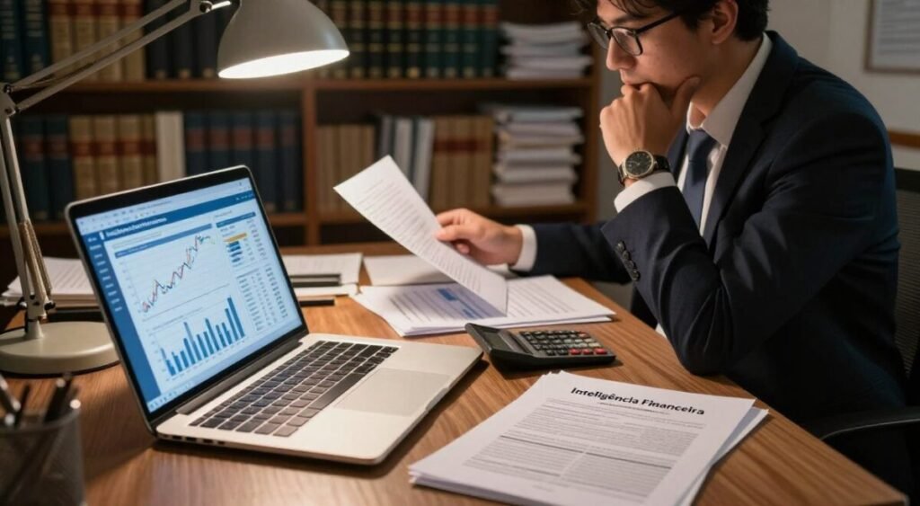 A detailed scene depicting a modern financial intelligence report setup. In the foreground, an open laptop displays graphs and data analytics related to financial investigations, with a paper document labeled "Inteligência Financeira" partially visible. In the middle, a professional individual in business attire is analyzing financial charts, looking pensively at the screen, surrounded by scattered reports and a calculator. In the background, shelves filled with legal books and financial records create an academic atmosphere. The lighting is soft and focused, emanating from a desk lamp, casting subtle shadows to enhance the serious mood. The overall ambiance conveys a sense of urgency and professionalism, highlighting the importance of uncovering financial truths.