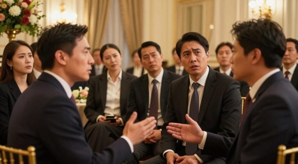 A dramatic scene depicting a formal event in an elegant indoor setting, with a focus on a group of professionals in business attire engaged in animated discussions, exuding a sense of intrigue and urgency. In the foreground, two individuals appear to be sharing differing opinions, with one gesturing expressively, conveying tension. The middle ground features additional guests who are observing the conversation, their expressions a mix of curiosity and concern. In the background, soft lighting creates a warm atmosphere, highlighting the ornate decorations of the venue, such as elegant chandeliers and floral arrangements. The camera angle is slightly elevated, capturing the layered interactions among the attendees, encapsulating an atmosphere of speculation and anticipation.