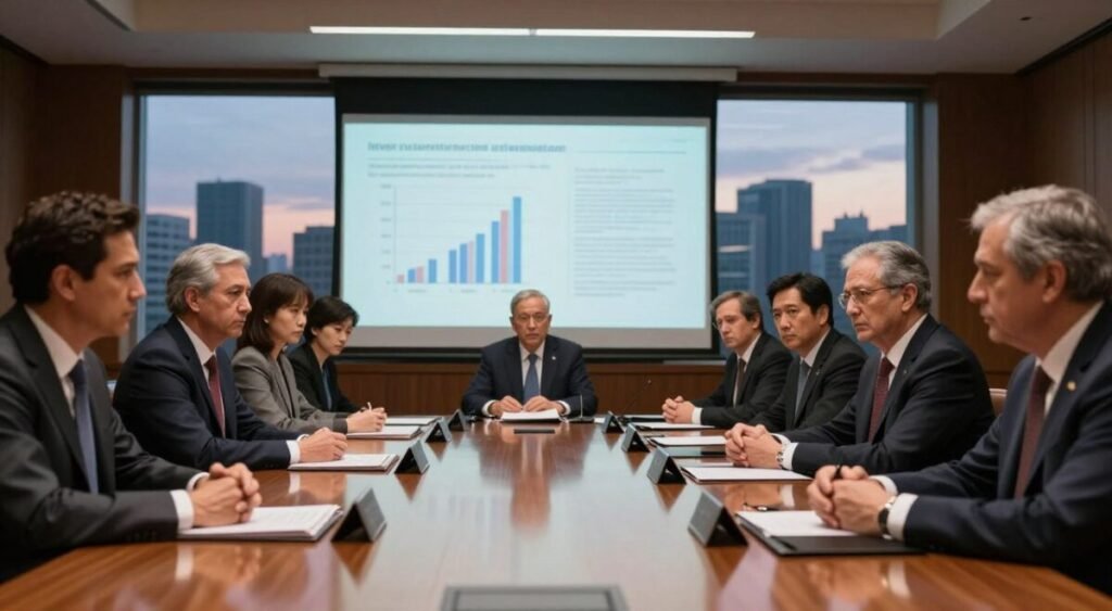 A dramatic scene depicting a tense political meeting in a grand conference room, characterized by a long, polished wooden table at the foreground surrounded by individuals dressed in professional business attire. The mood is serious and charged, with expressions of concern and determination on the faces of the participants. In the middle ground, a large projection screen shows graphs and documents regarding financial investigations, while subtle light reflects off the polished surfaces, creating a dramatic ambiance. The background features a window with a view of a city skyline at dusk, symbolizing the larger political arena. Soft, warm lighting enhances the seriousness of the discussions, suggesting a moment of significant political and institutional impact.