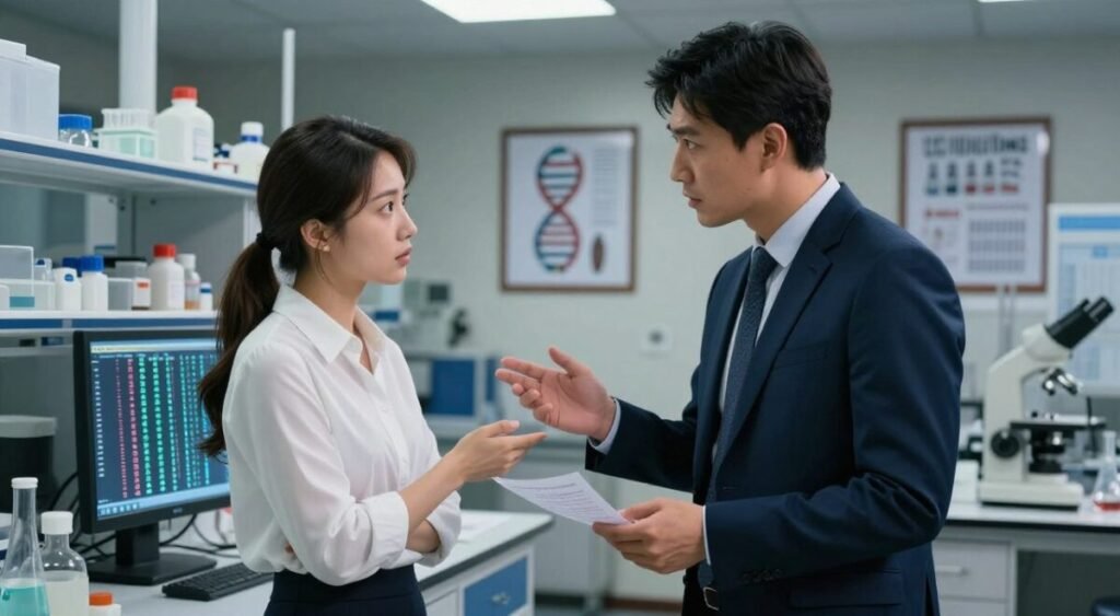 A dramatic scene in a softly lit laboratory setting, emphasizing the tension and controversy surrounding DNA testing. In the foreground, two individuals - a man and a woman in professional attire, appear deeply engaged in conversation, their expressions a mix of concern and curiosity. The man, wearing a tailored navy suit, holds a DNA test result, while the woman, dressed in a smart blouse and skirt, gestures towards a digital display showcasing genetic sequences. In the middle background, shelves filled with scientific equipment and framed articles on DNA testing controversies create an informative atmosphere. Soft overhead lighting casts gentle shadows, enhancing the mood of intrigue and complexity. The angle captures both their focused expressions and the laboratory's meticulous environment, inviting viewers to ponder the implications of their discussion.
