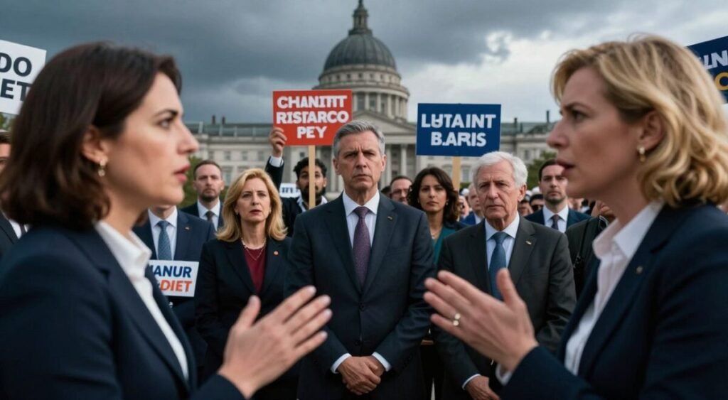 A dynamic scene capturing the tension of political opposition, featuring a diverse group of politicians in professional business attire. In the foreground, two women, one with dark hair and the other with blonde, passionately discussing strategies, their expressions intense. In the middle ground, a diverse group of men and women stand together, holding placards that criticize various political figures, embodying unity and determination. The background reveals a blurred parliament building under a moody sky, hinting at an impending storm, symbolizing political unrest. The lighting is dramatic, with a chiaroscuro effect highlighting their determined faces, taken from a low-angle perspective to convey empowerment. The atmosphere is charged with energy and urgency, reflecting the heated political climate.