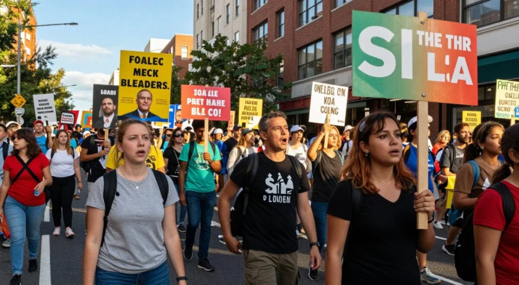 A dynamic scene showcasing a vibrant street demonstration filled with diverse crowds expressing strong opinions. In the foreground, enthusiastic protesters of various ages hold colorful banners and signs without text, symbolizing their views on political figures, conveying a mix of determination and passion. The middle ground highlights a busy city street, where onlookers gather, capturing the energy of a public debate. The background features urban architecture under a bright blue sky, suggesting a lively atmosphere. The lighting is warm and inviting, casting soft shadows that enhance the sense of community engagement. The overall mood is fervent yet hopeful, encapsulating the spirit of public discourse and civic participation.