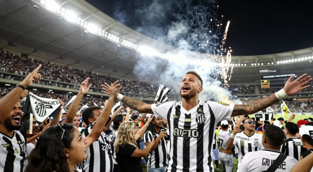 A jubilant scene capturing Neymar's return to Santos in 2026, set inside a packed stadium. In the foreground, Neymar is seen in his Santos FC kit, joyfully celebrating with outstretched arms, surrounded by excited fans. The middle section features a diverse crowd of passionate supporters, holding banners and wearing the team’s colors, conveying an atmosphere of jubilation. In the background, the stadium lights shine brightly, illuminating the energetic scene, while fireworks burst in the sky, enhancing the celebratory vibe. The angle of the shot is slightly elevated, providing a sweeping view of the crowd and Neymar's ecstatic expression, emphasizing the emotional connection between the player and the fans. The overall mood is vibrant and festive, filled with excitement and nostalgia. A jubilant scene capturing Neymar's return to Santos in 2026, set inside a packed stadium. In the foreground, Neymar is seen in his Santos FC kit, joyfully celebrating with outstretched arms, surrounded by excited fans. The middle section features a diverse crowd of passionate supporters, holding banners and wearing the team’s colors, conveying an atmosphere of jubilation. In the background, the stadium lights shine brightly, illuminating the energetic scene, while fireworks burst in the sky, enhancing the celebratory vibe. The angle of the shot is slightly elevated, providing a sweeping view of the crowd and Neymar's ecstatic expression, emphasizing the emotional connection between the player and the fans. The overall mood is vibrant and festive, filled with excitement and nostalgia.