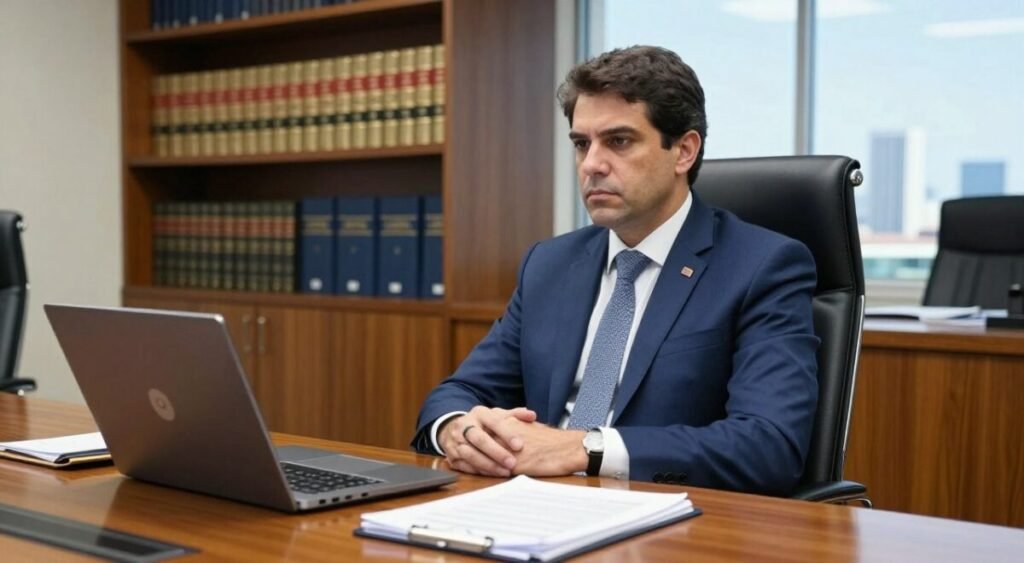 A poised Brazilian politician serving as the president of the CPI, seated at a sleek conference table in a modern office environment. He wears a tailored navy suit, complete with a crisp white shirt and a subtle patterned tie. His expression is serious and contemplative, reflecting the weight of his responsibilities. In the foreground, a stack of documents and a laptop are visible, indicating the ongoing investigation. The middle ground features elegant bookshelves filled with legal texts and reports, while the background reveals a large window showcasing the Brasilia skyline bathed in soft natural light. The overall atmosphere is one of professionalism and urgency, emphasizing the importance of the investigation. The image is captured from a slightly elevated angle, creating depth and highlighting the subject's authoritative stance.