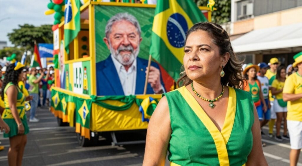 A scene in a vibrant Brazilian parade filled with colorful decorations and festive atmosphere. In the foreground, depict a well-dressed woman in her 30s, Janja, showing a thoughtful expression, glancing away from the parade's main event, demonstrating her last-minute decision not to participate. She is wearing elegant attire that reflects the theme of the parade, in hues of green and yellow. In the middle ground, parade floats decorated with images of Lula and Brazilian flags are traversing, surrounded by people in joyful celebration, wearing festive clothing. The background shows a lively crowd, capturing the essence of community and festivity. Natural sunlight casts bright, warm tones across the scene, creating a cheerful yet reflective mood. Use a slightly elevated angle to capture the juxtaposition of Janja's introspection against the joyful celebration around her.