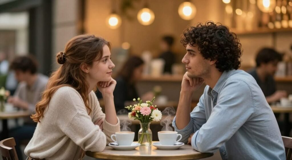 A serene café setting during the early evening, softly lit by warm golden lights. In the foreground, a young couple, Lívia and Marcos, sit closely together at a small table, faces filled with anticipation and curiosity. Lívia has long, chestnut hair tied in a loose bun, wearing a casual but stylish light sweater, while Marcos, with dark curly hair, looks relaxed in a neat button-up shirt. The middle layer includes a table adorned with two steaming cups of coffee and a small bouquet of flowers, symbolizing the blossoming relationship. In the background, blurred figures of other patrons create a lively ambiance, adding to the atmosphere of budding romance, while warm bokeh lights twinkle softly. The composition evokes a sense of hopeful intimacy mixed with subtle tension, highlighting the early signs of a relationship.