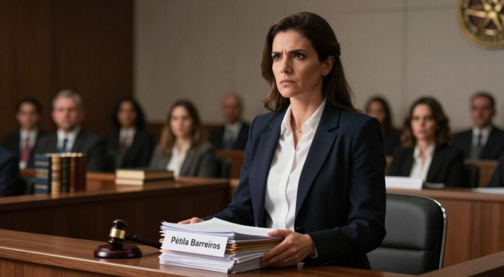 A tense courtroom scene set in a modern legal environment, focusing on a female lawyer in professional attire, standing confidently with a stack of case files labeled with the name "Pétala Barreiros". In the foreground, her determined expression conveys a sense of urgency and conflict. The middle ground features a glimpse of a judge’s bench with legal books and a gavel, while the background shows a blurred audience, creating a sense of drama and anticipation. Soft, dramatic lighting illuminates the lawyer from above, casting shadows that enhance the atmosphere of tension. The composition is shot from a slightly low angle, emphasizing the seriousness of the legal situation while maintaining a professional and respectful tone.