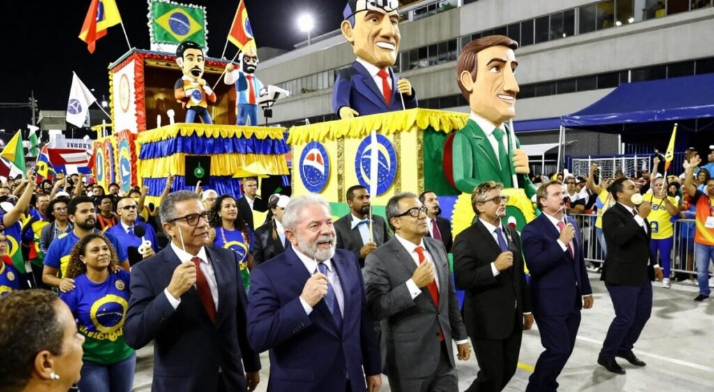 A vibrant carnival scene depicting a political parade with colorful floats and lively participants. In the foreground, a group of parade-goers dressed in professional business attire, joyfully mocking political figures, with exaggerated props representing Lula, Temer, and Bolsonaro. The middle ground features elaborately decorated floats, showcasing satirical themes relating to Brazilian politics, adorned with exaggerated caricatures. The background is filled with a cheering crowd, some waving flags and banners, creating an atmosphere of festive protest. Bright, dramatic lighting enhances the mood, capturing the energy and tension of the event. The composition is shot from a slightly elevated angle, emphasizing the spectacle while ensuring a clear view of the interactions among participants. The overall atmosphere is lively and charged, reflecting the spirited political commentary.