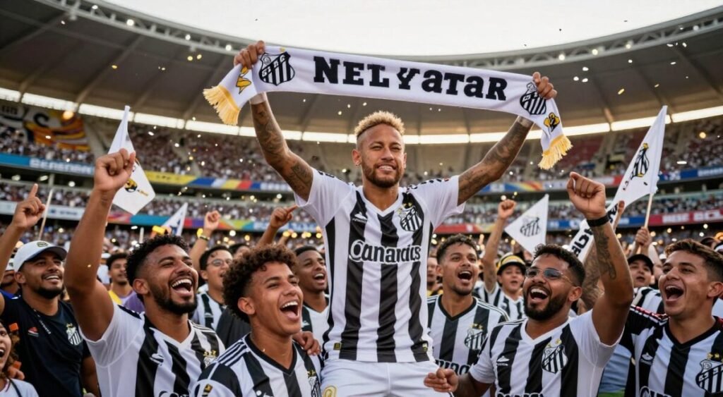 A vibrant scene capturing the excitement of Neymar's transfer back to Santos in 2026. In the foreground, a diverse group of enthusiastic fans, wearing Santos jerseys, are celebrating with raised flags and joyful expressions. In the middle ground, Neymar himself is seen in a stylish Santos kit, proudly holding a club scarf above his head, embodying the thrill of his return. The background features a packed stadium with colorful banners and confetti raining down, enhancing the festive atmosphere. The lighting is warm and dynamic, simulating a late afternoon with golden hour sunlight casting a celebratory glow over the scene. The image should convey a sense of joy, nostalgia, and excitement, highlighting the emotional connection between Neymar and his fans.